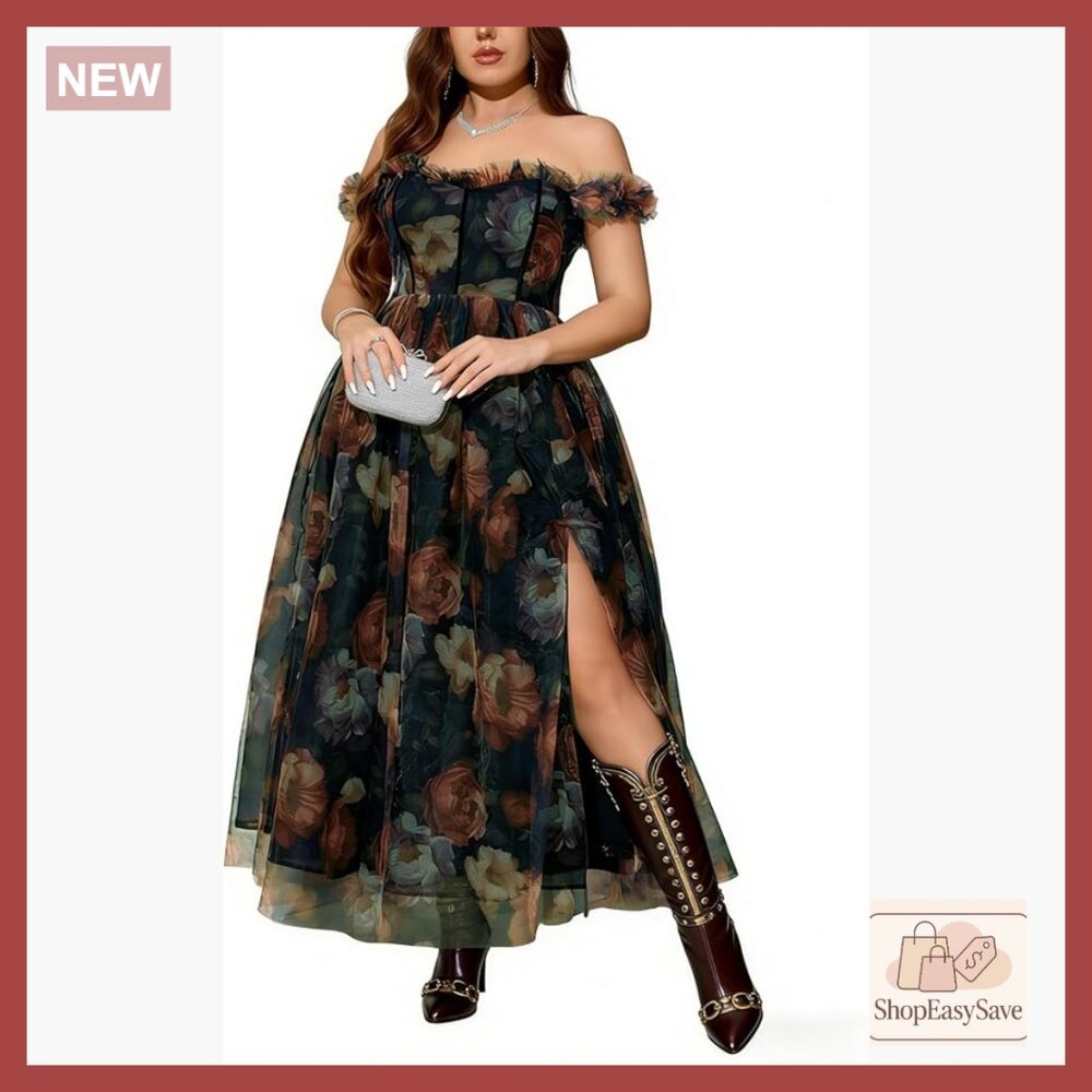 Floral Off Shoulder Formal Dress Elegant A-Line High Slit Wedding Guest Gown